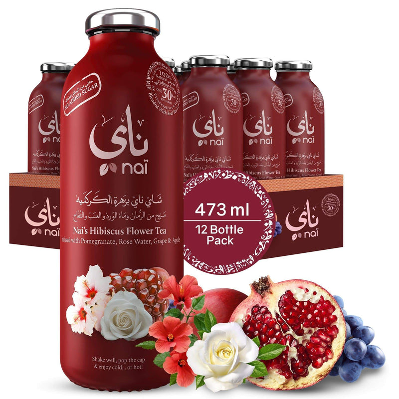 Nai's Hibiscus Pomegranate Rose Iced Tea, 100% Natural, Ready-to-Drink, 473ml Glass Bottle, Tray of 12 – Sugar Free