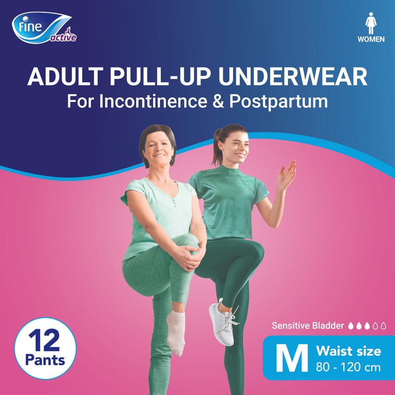 Fine Active Adult Incontinence and postpartum pull-up underwear for women, Size Medium (Waist 80-120 cm), 12 count.