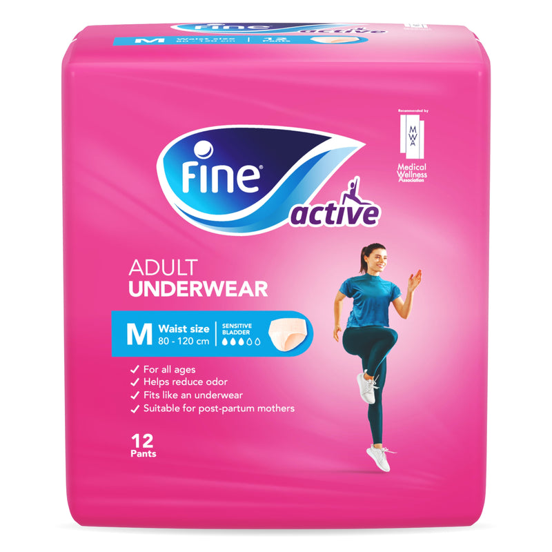 Fine Active Adult Incontinence and postpartum pull-up underwear for women, Size Medium (Waist 80-120 cm), 12 count.