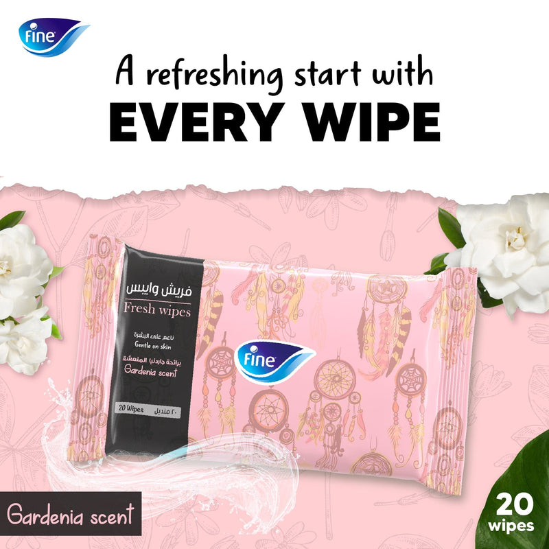 Fine, Fresh Wipes 4 Gardenia & 4 Tropical Scent, Pack of 8 x 20 Wipes