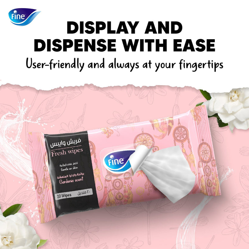 Fine, Fresh Wipes 4 Gardenia & 4 Tropical Scent, Pack of 8 x 20 Wipes