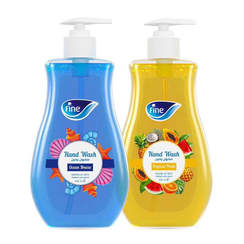 Fine Hand Wash, Bundle of 2, 450ml Bottles, 1 Ocean Breeze and 1 Tropical Fruits Scent