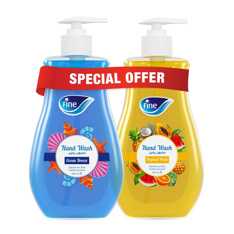 Fine Hand Wash, Bundle of 2, 450ml Bottles, 1 Ocean Breeze and 1 Tropical Fruits Scent