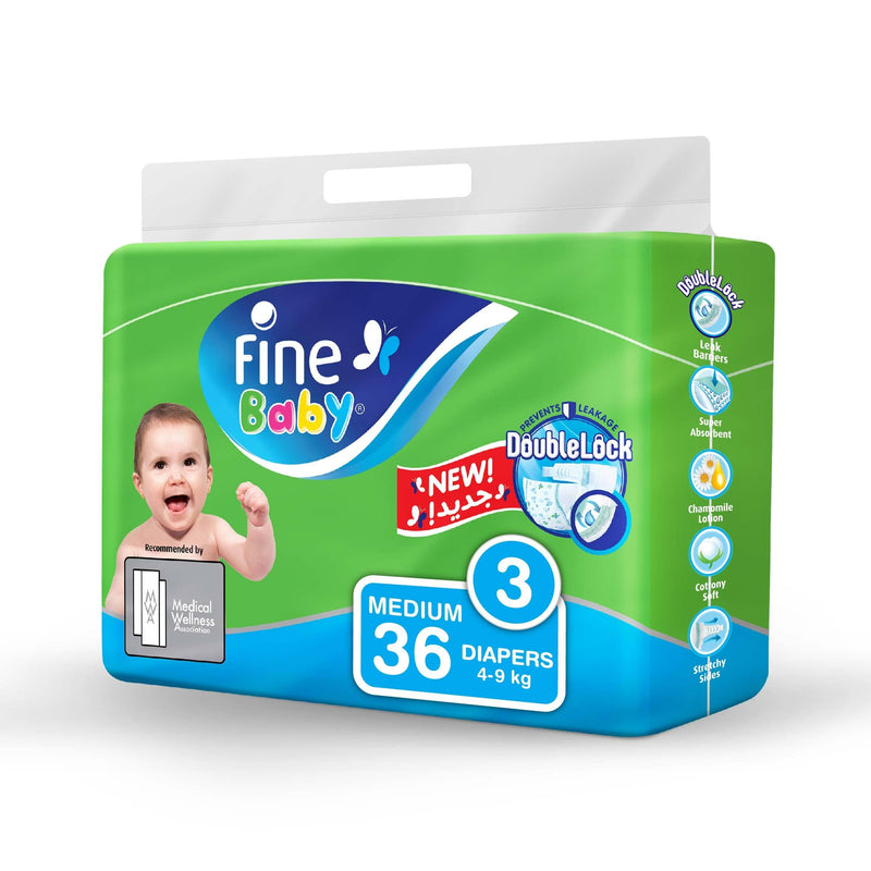 Fine Baby Diapers, DoubleLock Technology , Size 3, Medium 4–9kg, Economy Pack. 36 diaper count