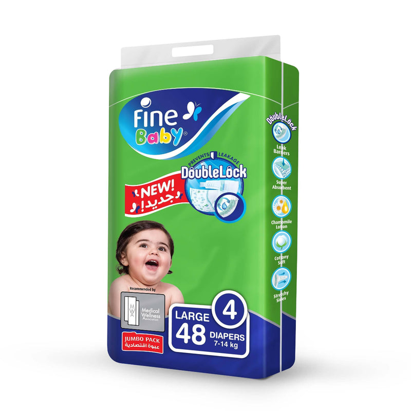 Fine Baby Diapers, DoubleLock Technology , Size 4, Large 7 - 14kg , Jumbo Pack. 48 diaper count