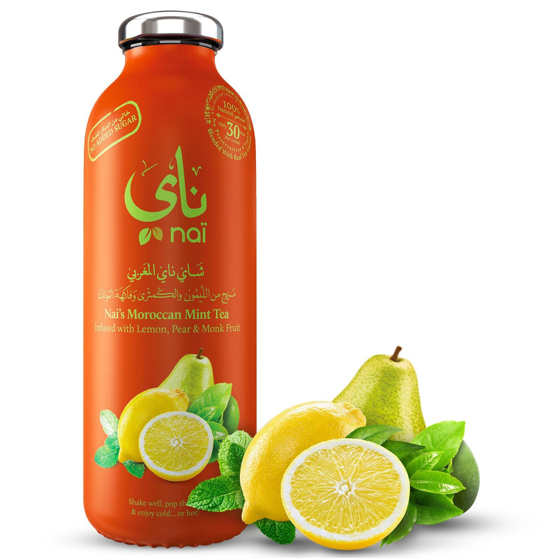 Nai's Moroccan Mint Iced Tea, 100% Natural, Ready-to-Drink, 473ml Glass Bottle – Sugar Free