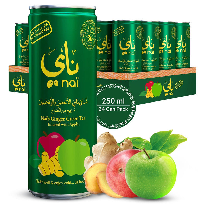 Nai's Ginger Apple Green Tea, 100% Natural, Ready-to-Drink, 250ml Can (24 Pack) – Sugar Free