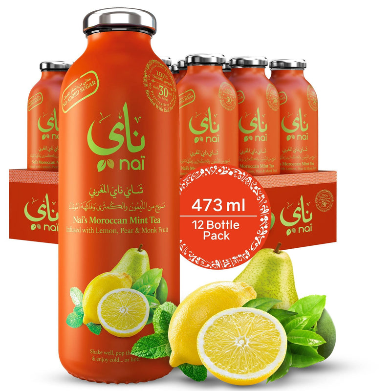 Nai's Moroccan Mint Iced Tea, 100% Natural, Ready-to-Drink, 473ml Glass Bottle, Tray of 12 – Sugar Free