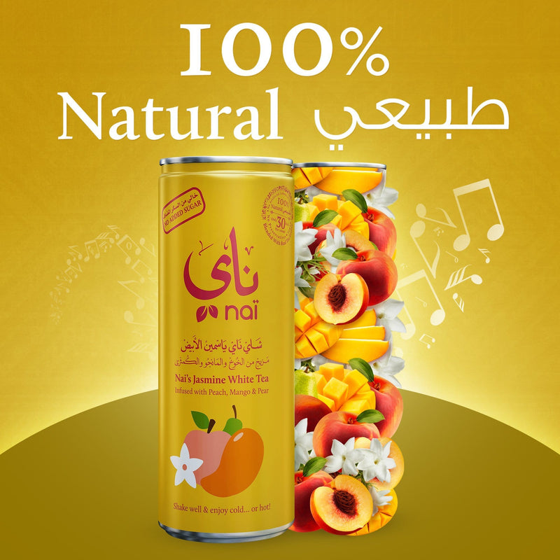 Nai's Peach Mango Jasmine Iced Tea, 100% Natural, Ready-to-Drink, 250ml Can (24 Pack) – Sugar Free