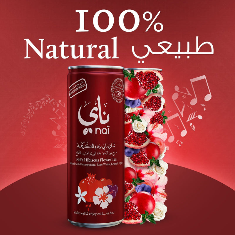 Nai's Hibiscus Pomegranate Rose Iced Tea, 100% Natural, Ready-to-Drink, 250ml Can, Pack of 4 – Sugar Free